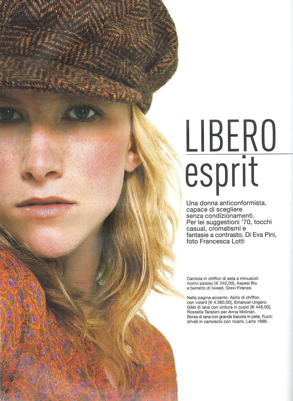 Anna ottobre 2002 - Servizio di Eva Pini, foto Francesca Lotti - camicia in chiffon di seta Aspesi e berretto in tweed di Grevi Firenze
